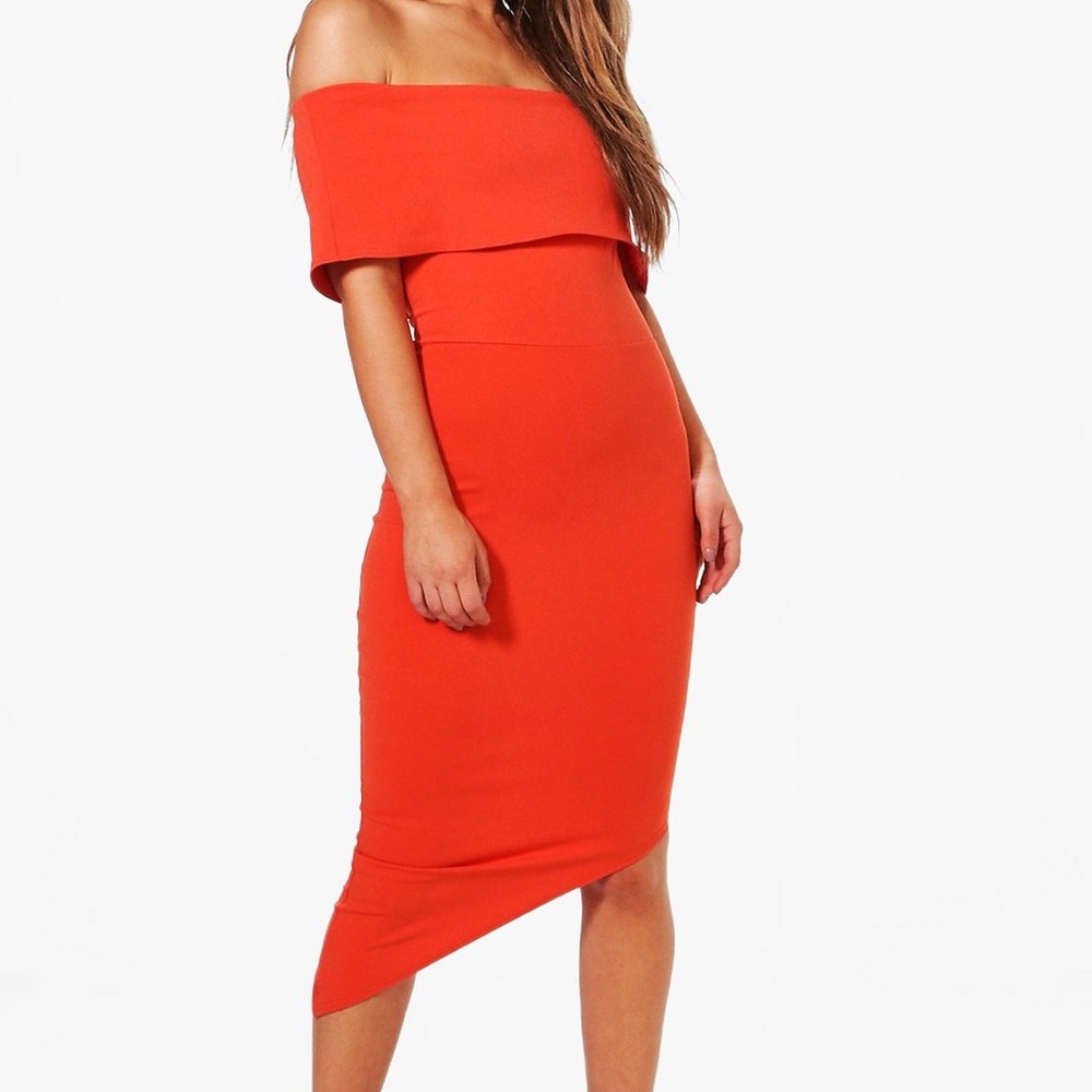 BOOHOO Petite Asymmetric Off Shoulder Dress